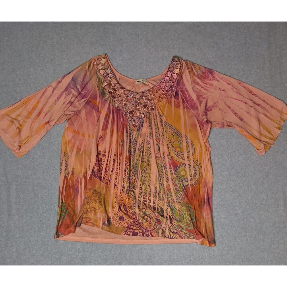 One World 3/4 Sleeve Tunic Blouse 1X Peach Paisley Y2K Boho Fairycore Festival